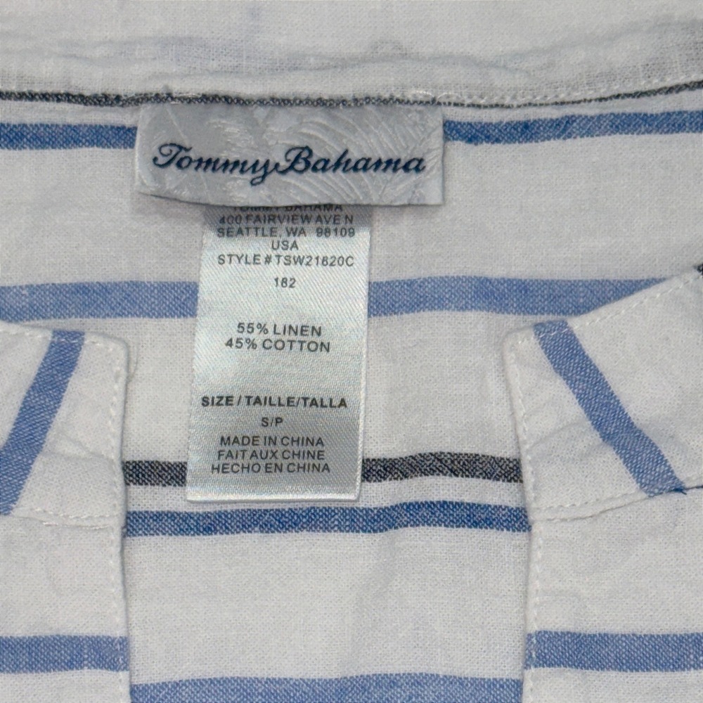 Tommy Bahama Linen Cotton Striped Tunic Dress Fringe Hem Pocket Small Blue White - Picture 4 of 8